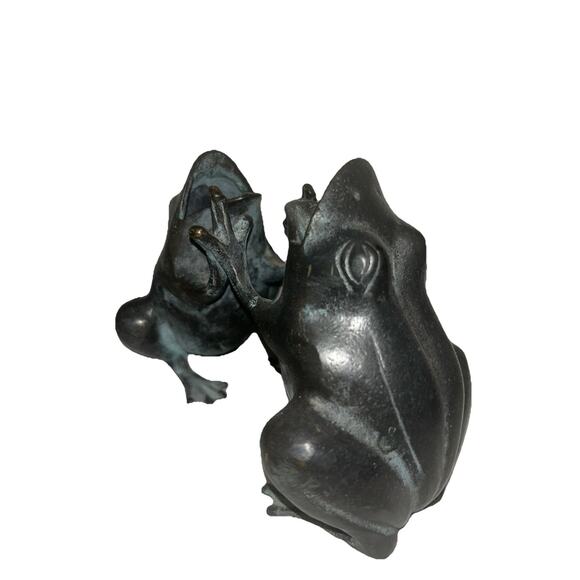 Vintage patina green Verdigris Metal Toad Frog Statue Double Vase Nice - Picture 2 of 7